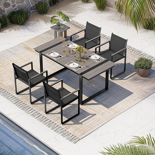 Outdoor Table and Chairs of 4, Patio Dining Sets, HDPS + Aluminum Outdoor Furniture Set with Umbrella Hole, Patio Dining Table Set (Gray)