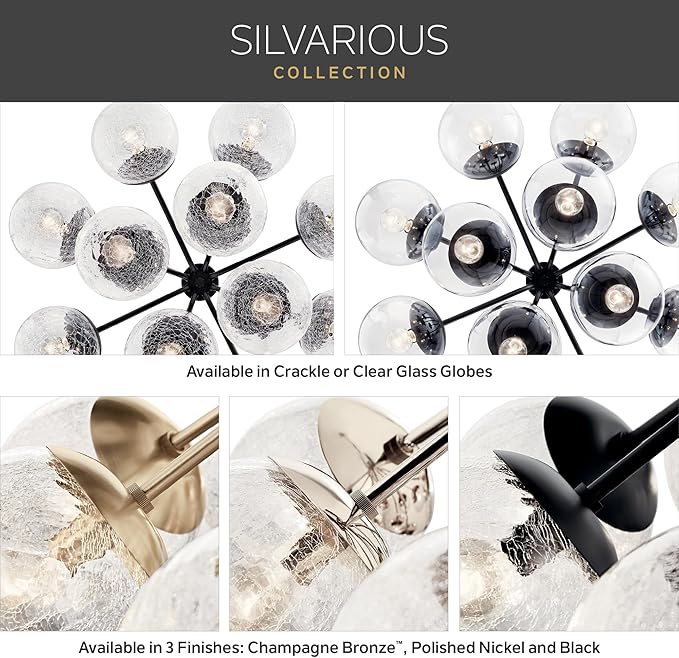 KICHLER Silvarious 3-Light Convertible Pendant, Soft Modern Light with Clear Crackled Glass in Polished Nickel, for Hallway, Dining Nook, Bedroom or Kitchen (9.5" x 16.5"), 52700CPZ