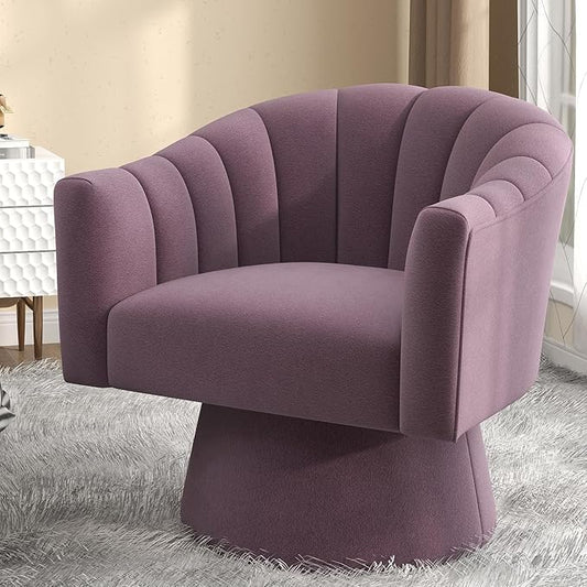 Swivel Accent Chair,Upholstered Velvet 360° Swivel Barrel Chair for Living Room Overstuffed Bouncle Reading Chair Round Armchair for Bedroom,Vanity,Office(Purple)