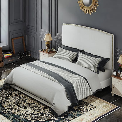 Full Size Bed Frame with Headboard, 56" Upholstered Platform Bed with Nailhead Trim, Soft Boucle Fabric, No Box Spring Needed, Easy Assembly, White