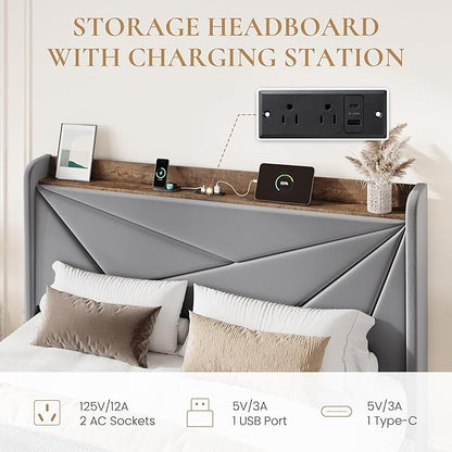 SHA CERLIN Queen Bed Frame with 3 Drawers, USB & Type-C Charging Ports, Velvet Upholstered Platform Bed with Modern Geometric Wingback Storage Headboard, No Box Spring Needed, Easy Assembly, Grey