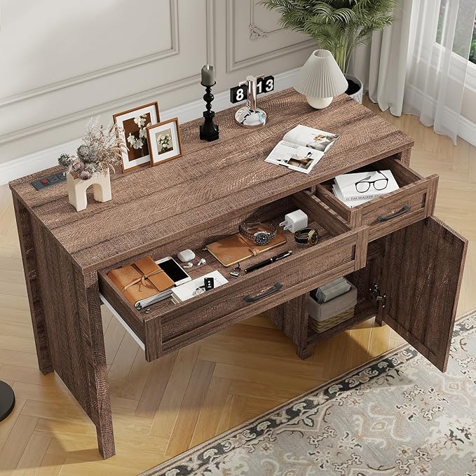 Farmhouse 47" Executive Desk, Computer Desk with Drawers and Storage Cabinet, Workstation Computer Desk for Home Office and Study.Red-Brown