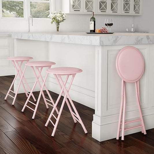Lavish Home Set of 4 Counter Height Bar Stools – 24-Inch Backless Folding Chairs with 225lb Capacity for Kitchen, Rec Room, or Game Room (Pink)