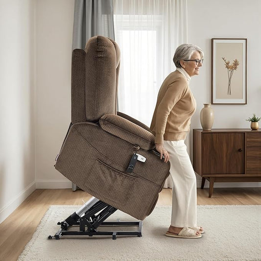 MCombo Oversized Power Lift Recliner Chair with Massage and Heat for Big and Tall Elderly People, Cup Holders, USB Ports, Side Pockets, Fabric R7541 (Brown, Large-Oversize)