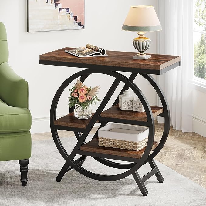 Tribesigns End Table Set of 2, 3-Tier Narrow Sofa Side Table with Storage for Living Room, Wood End Table with Geometric Metal Frame, Industrial Nightstand and Bedside Table for Bedroom, Rustic Brown