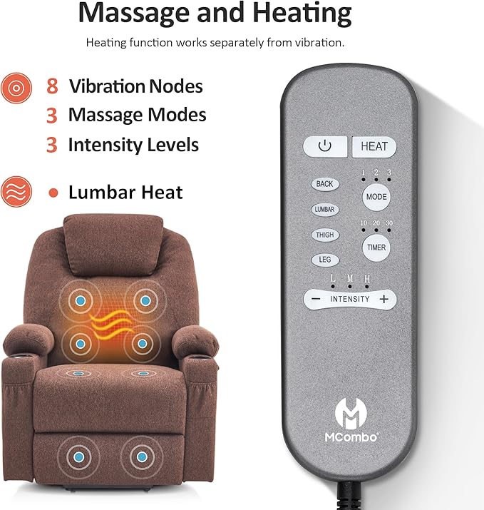 MCombo Power Lift Recliner Chair for Elderly, Lift Chair with Heat and Massage for Tall People, USB&Type C Ports, Extended Footrest, Cup Holders, Fabric 7516 (Large, Coffee)