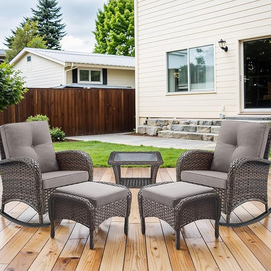 HUMMUH 5 Pieces Wicker Patio Furniture Set,Outdoor Rocker Chairs,Patio Ottomans,Glass Top Side Table,Outdoor Conversation Set for Porch Deck Backyard Poolside