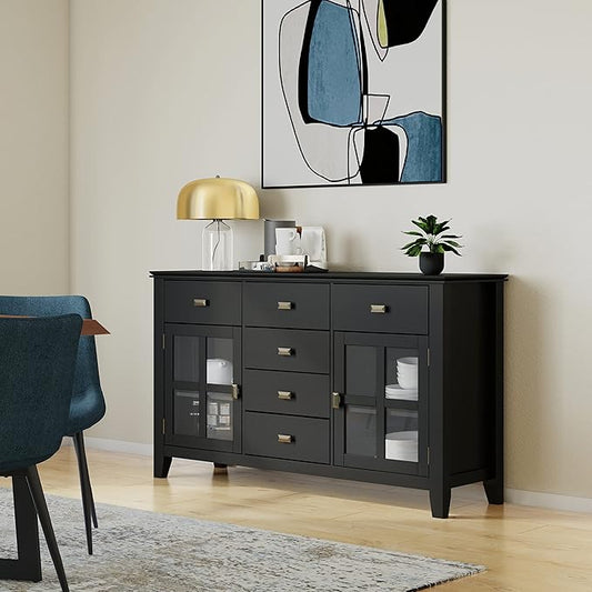 SIMPLIHOME Artisan Buffet - 54 inch Wide Solid Wood 3-Door Sideboard Buffet in Black, Contemporary Storage Cabinet for Dining Room or Kitchen with Adjustable Shelves and Bronze Hardware