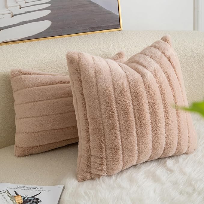 Pack of 2 Faux Fur Throw Pillow Covers 20x20 Inch Striped Decorative Soft Plush Couch Pillow Case Home Decor for Bed, Sofa, Living Room Beige