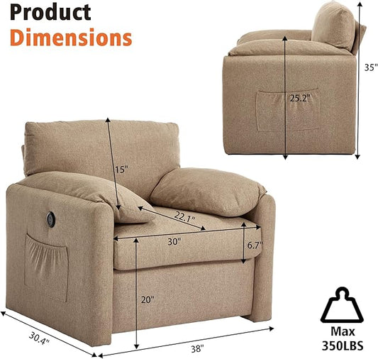 Oversized Accent Chair Mid-Century Modern Armchair for Living Room,USB and Type-C Ports,Comfy Reading Chairs for Bedroom with Side Pockets,Extra-Wide Single Sofa Chair(Khaki, Set of 1)