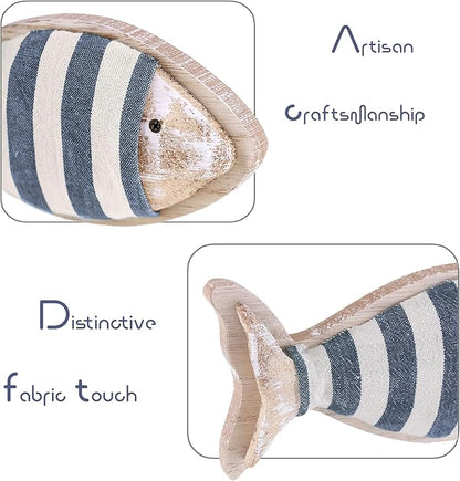 Wooden Fish Figurines with Jute Rope and Cotton String, Fish Sculpture Statues for Home Decoration, Table Top Nautical Decor for Living Room, Bedroom, Beachhouse Home Decor (StripedFish-3)