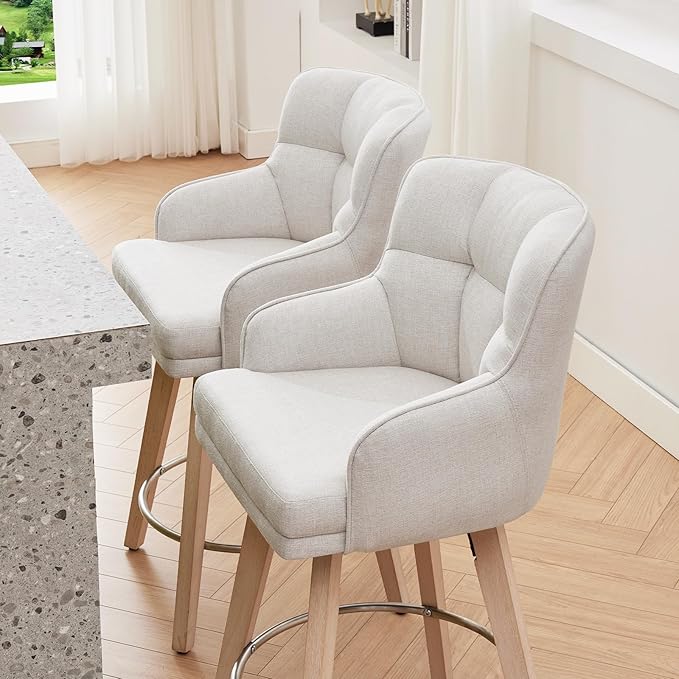 360°Swivel Counter Height Bar Stools with Back, 26 inch Solid Wood Legs, Bar Stool Modern Kitchen Island Chairs, Fabric (Beige- Fabric, 26" H- Set of 2)