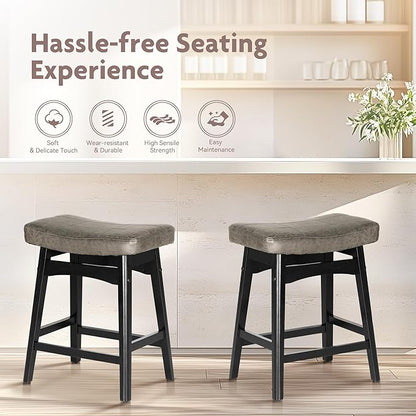 ALPHA HOME Bar Stools Set of 4, Solid Wood Saddle Kitchen Stools with Grey PU Leather Cushion Counter Height Barstools with Wooden Base for Kitchen Dining Cafe, 24 Inch, Grey, 4PCS