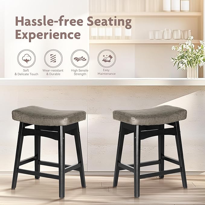ALPHA HOME Bar Stools Set of 2, Solid Wood Saddle Kitchen Stools with Grey PU Leather Cushion Counter Height Barstools with Wooden Base for Kitchen Dining Cafe, 24 Inch, Grey, 2PCS