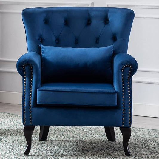 Mid Century Modern Accent Chair Upholstered Armchair Comfy Velvet Fabric Single Sofa with Tufted Wingback for Small Spaces Bedroom Living Room, Blue