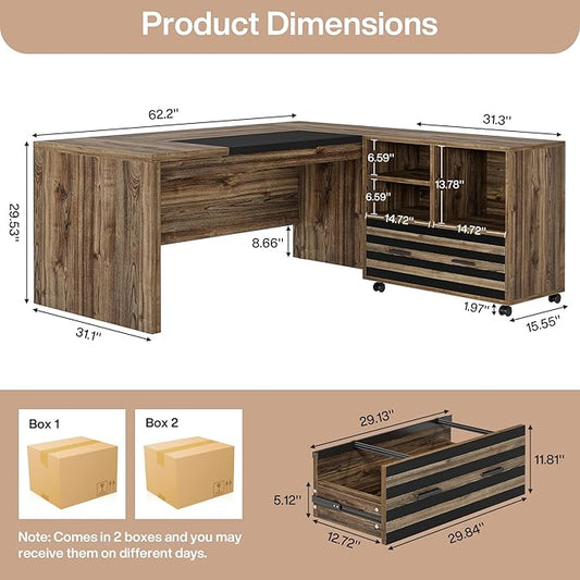 Tribesigns 62.2" Executive Desk with Mobile File Cabinet, L-Shaped Office Desk with Storage Shelves, Large Computer Desk Business Workstation Set for Home Office, Light Brown