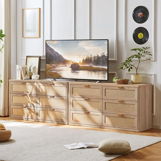 LEYAOYAO Rattan 6 Drawer Dresser for Bedroom Set of 2, Boho 54" Wide Natural Wood Dresser Chest of Drawers, Dressers TV Stand with Metal Handle, Storage Dressers Closet Organizer for Living Room