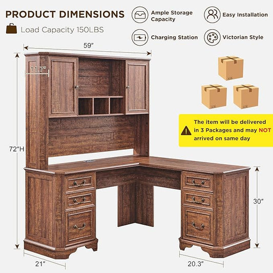 T4TREAM 59" Executive L Shaped Desk with Hutch,Victorian Wood Computer Desk, Featuring Charging Station,File Drawer, Storage Cabinet,for Home Office Work and Study (Reclaimed Barnwood)