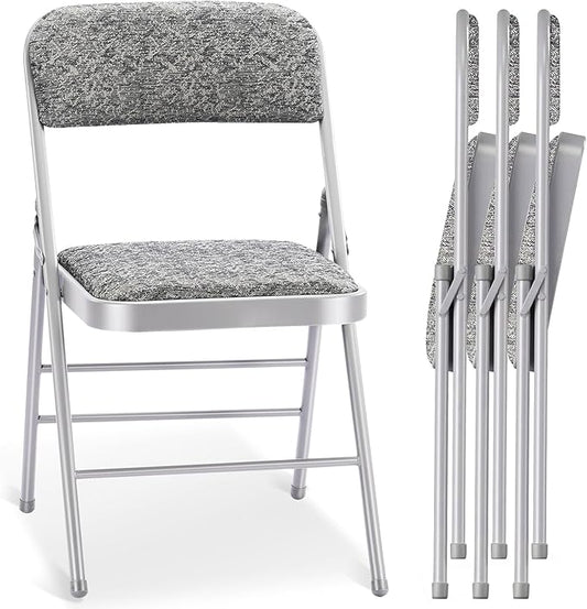 cyclone sound 4 Pack Folding Chairs with Fabric Padded Cushion and Back, Commercial Grade Metal Chairs with Fabric Cushion for Home and Office, for Indoor and Outdoor Events (4, Gray-Fabric)