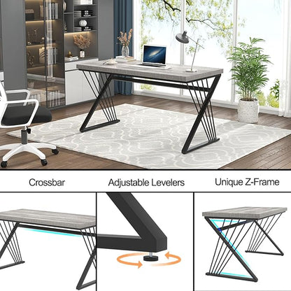 FOLUBAN Modern Desk, Rustic Wood and Metal Computer Desk for Home Office, Simple Study Writing Gaming Table for Bedroom Living Room, Light Grey, 53 Inch