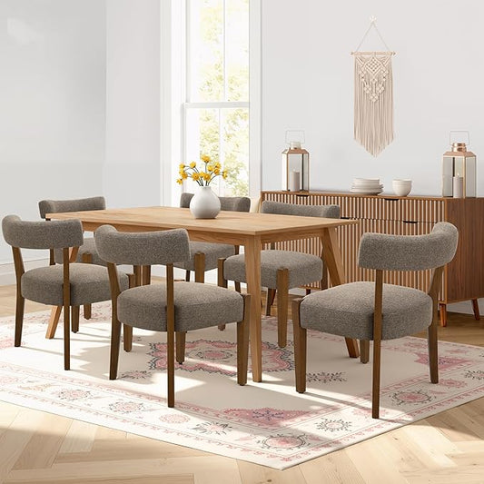 Modern Dining Chairs Set of 6, Walnut Upholstered Kitchen & Dining Room Chairs, Mid Century Wooden Dining Chairs Oversized Sturdy Fabric Rounded Chairs Curved Back, Tan Brown