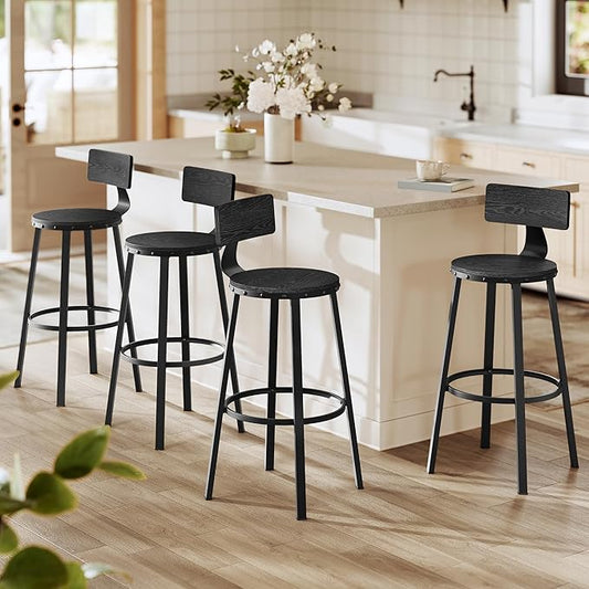 VASAGLE Bar Stools Set of 4, Bar Height Stools, 28.9 Inches Counter Barstools Chairs with Back for Dining Kitchen Island, Steel Frame, Industrial Style, Easy Assembly, Ebony Black