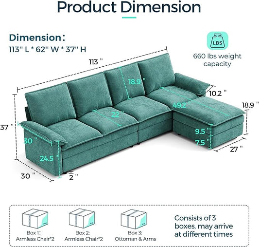 LINSY HOME Modular Cloud Couch, 113" L Shaped Sectional Sofa with Double Layer Cushions and Ottoman, Chenille 4 Seater Sofa Set for Living Room, Apartment, Green