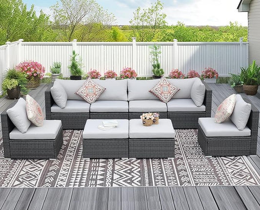 NICESOUL 8 Person Outdoor Patio Furniture Set, Extra Large Wicker Sectional Sofa with Ottoman, All-Weather Wide and Deep Seating Conversations for Outside Garden, 29.3'' High Back Comfy Couches,Grey