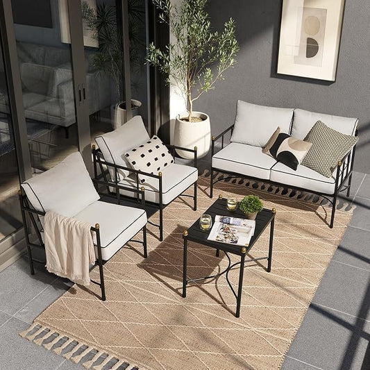 mopio Odelia Patio Furniture Set of 4, Outdoor Sectional Conversation Set, Small Metal Backyard, Front Porch, Balcony Furniture for Apartments, with 2 Patio Chairs, Loveseat, Coffee Table