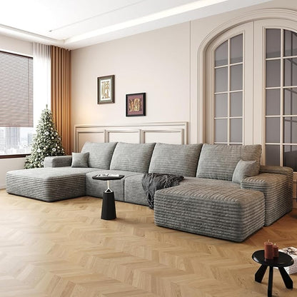 135.4" Large Cloud Modular Sectional Couch with Ottoman, Minimalist Upholstered Couches, Comfort U Shaped Sofa for Living Room,Deep Seat Corner Couch，No Assembly Required (Grey,Left Facing Chaise)