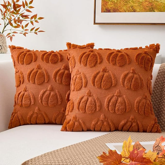Kevin Textile Fall Pillow Covers 20x20 Inch Set of 2 Soft Pumpkins Decorative Square Pillowcases Plush Autumn Faux Fur Cushions Harvest Gift for Couch Sofa Chair Bedroom Home Decor, Brown