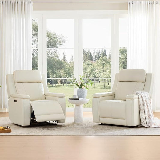 Watson & Whitely Genuine Leather Electric Recliner Chairs for Adults, Lay Flat Recliner with Power Headrest & Chargers for Living Room, Cream