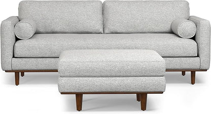 SIMPLIHOME Morrison Mid-Century Modern 89 inch Wide Sofa with Ottoman Set in Mist Grey Woven-Blend Fabric for the Living Room and Family Room