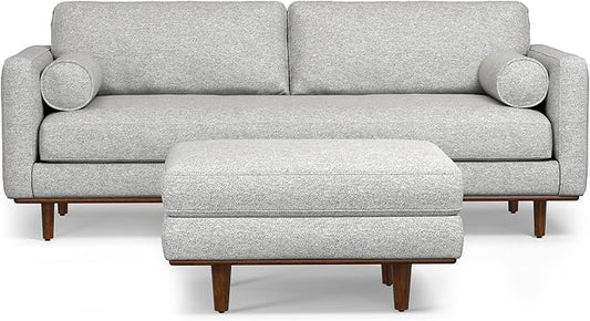 SIMPLIHOME Morrison Mid-Century Modern 89 inch Wide Sofa with Ottoman Set in Mist Grey Woven-Blend Fabric for the Living Room and Family Room