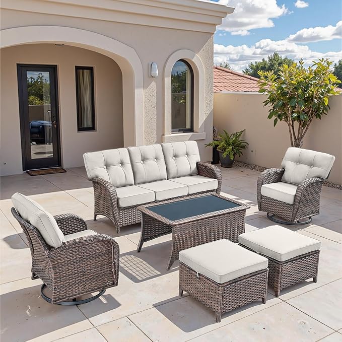 6-Piece Rotating Balcony Chair Set with 31-inch T-Shaped Wide backrest - Rattan Outdoor Rotating Balcony Chairs, Wide backrest Comfortable Outdoor Sliding Chair - Brown | Beige
