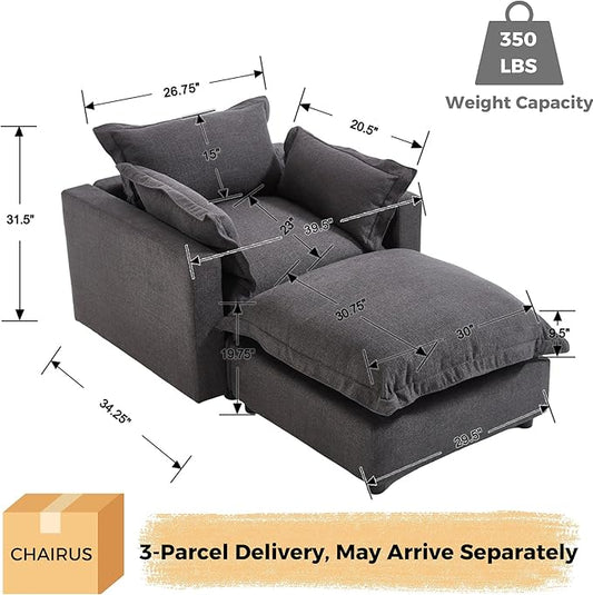 chairus 39.5" Chaise Lounge Chair Indoor with Ottoman, Upholstered Single Sofa Couch Chair Oversized Linen Fabric Reading Armchair for Living Room, Bedroom, Reception Room, Apartment, Black