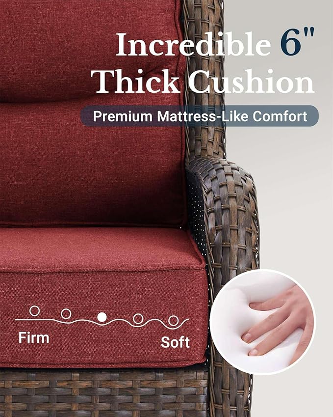HILLGA Luxury Patio Furniture Set with 6-inch Thick Cushion, Outdoor High Back Swivel Rocker Patio Chairs, 6PCS Wicker Conversation Set for Deck Yard and Poolside, Burgundy (V2)