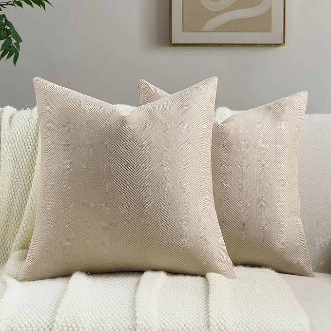 FUTEI Oatmeal Chenille Throw Pillow Covers 20x20 Inch Set of 2,Soft Wide Chevron Textured Cushion Case,Farmhouse Home Decor for Couch Bed Living Room