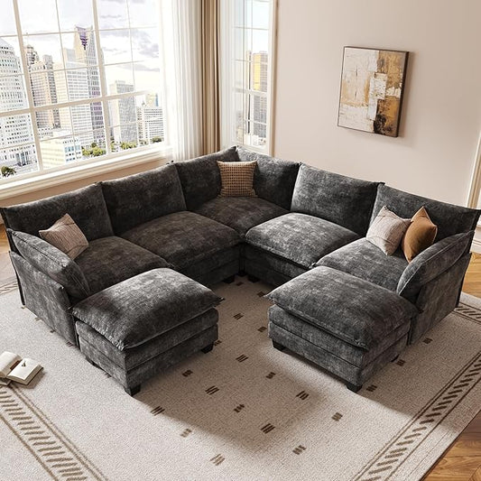 KKL 120" Modular Sectional Sofa, Large V Shape 7 Seater Convertible J/L/U-Shaped Modern Sectional Couch with Ottoman, Chenille Sectional Couches for Living Room, Apartment, Grey