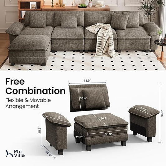 PHI VILLA Cloud Modular Couch Sets, 157.5" Sectional Sofa with L-Shaped Chaise, 5-Seater Upholstered Couches with Movable Ottoman for Living Room, Chenille Fabric, Smoky Grey
