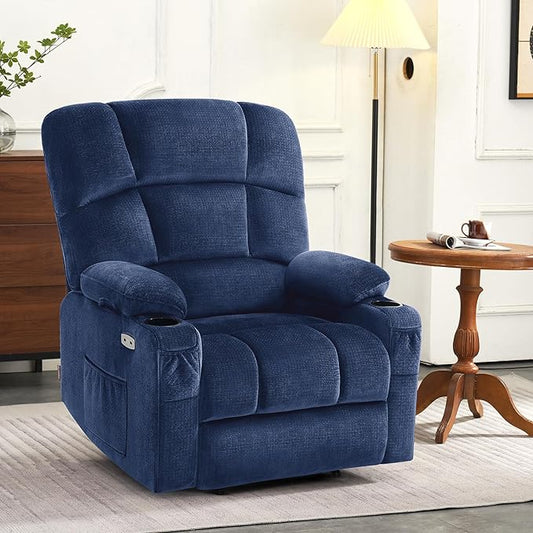 MCombo Oversized Dual Motor Power Lift Recliner Chair Sofa with Massage and Heat for Big Elderly People, Infinite Position, USB Ports, Fabric R7688 (Navy Blue, Large-Oversize)