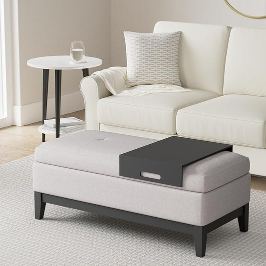 SIMPLIHOME Oregon 42 inch Wide Contemporary Rectangle Storage Ottoman Bench with Tray in Cloud Grey Linen Look Fabric, Assembled, For the Living Room, Entryway and Family Room