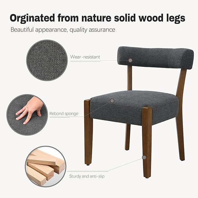 Modern Dining Chairs Set of 4, Walnut Upholstered Kitchen & Dining Room Chairs, Mid Century Wooden Dining Chairs Oversized Sturdy Fabric Rounded Chairs Curved Back, Dark Grey