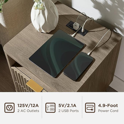 T4TREAM Fluted Nightstand Set of 2 with Charging Station, 18" Modern Side Table with 2 Drawer, End Table w/Storage, Bedside for Bedroom, Living Room, Curved Profile Design, Grey Alder
