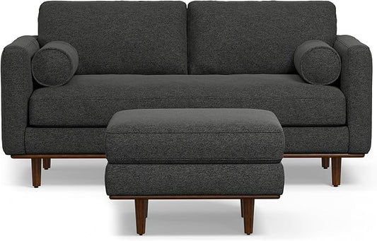 SIMPLIHOME Morrison Mid-Century Modern 72 inch Wide Sofa with Ottoman Set in Charcoal Grey Tightly Woven Performance Fabric for the Living Room and Family Room