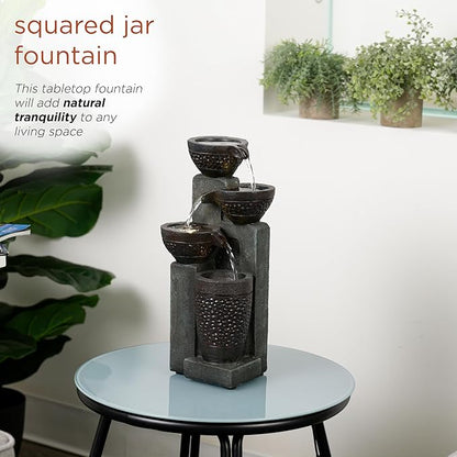 Alpine Corporation TZL412 14" Stoned Jar Cascading Water Fountain with LED Lights – Elegant Tabletop Water Feature for Home, Office, Living Room, Bedroom, and Desk Décor, Gray