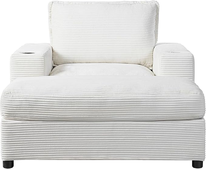 Christopher Knight Home Zoe Oversized Chaise Lounge Chair Indoor with Cup Holders & USB Charging Port, Corduroy Upholstered Sofa Bed + Ottoman with Storage, Comfy Deep Seat Sleeper Sofa Chair, Beige