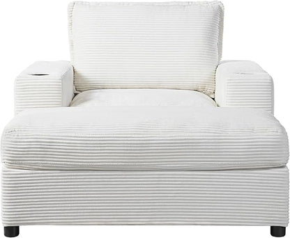 Christopher Knight Home Zoe Oversized Chaise Lounge Chair Indoor with Cup Holders & USB Charging Port, Corduroy Upholstered Sofa Bed + Ottoman with Storage, Comfy Deep Seat Sleeper Sofa Chair, Beige
