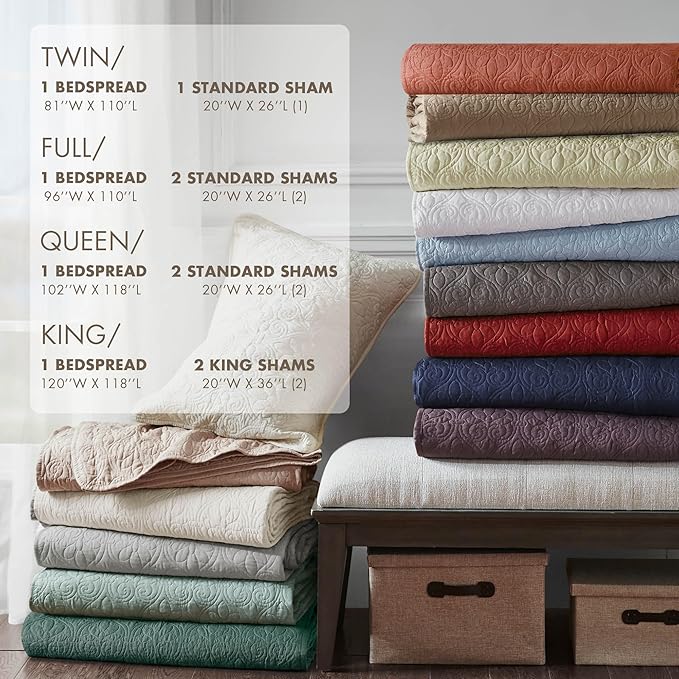 Madison Park Quebec Reversible Quilt Set Damask Design, Double Sided Stitching All Season, Lightweight Bedspread Bedding Set, Matching Sham, Khaki, Queen(102"x118") 3 Piece