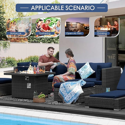 NICESOUL 9 Piece Oversized Outdoor Patio Furniture Set, 29.3'' High Back Comfy Sectional Sofa Set with Firepit Natural Gas & Propane, Deep Seating Conversation Couches, 2 Color Cushion Navy & Gray